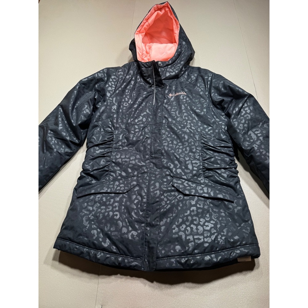Columbia Girls Black Leopard Print Hooded Winter Jacket Outgrown Size L‎ 14/16